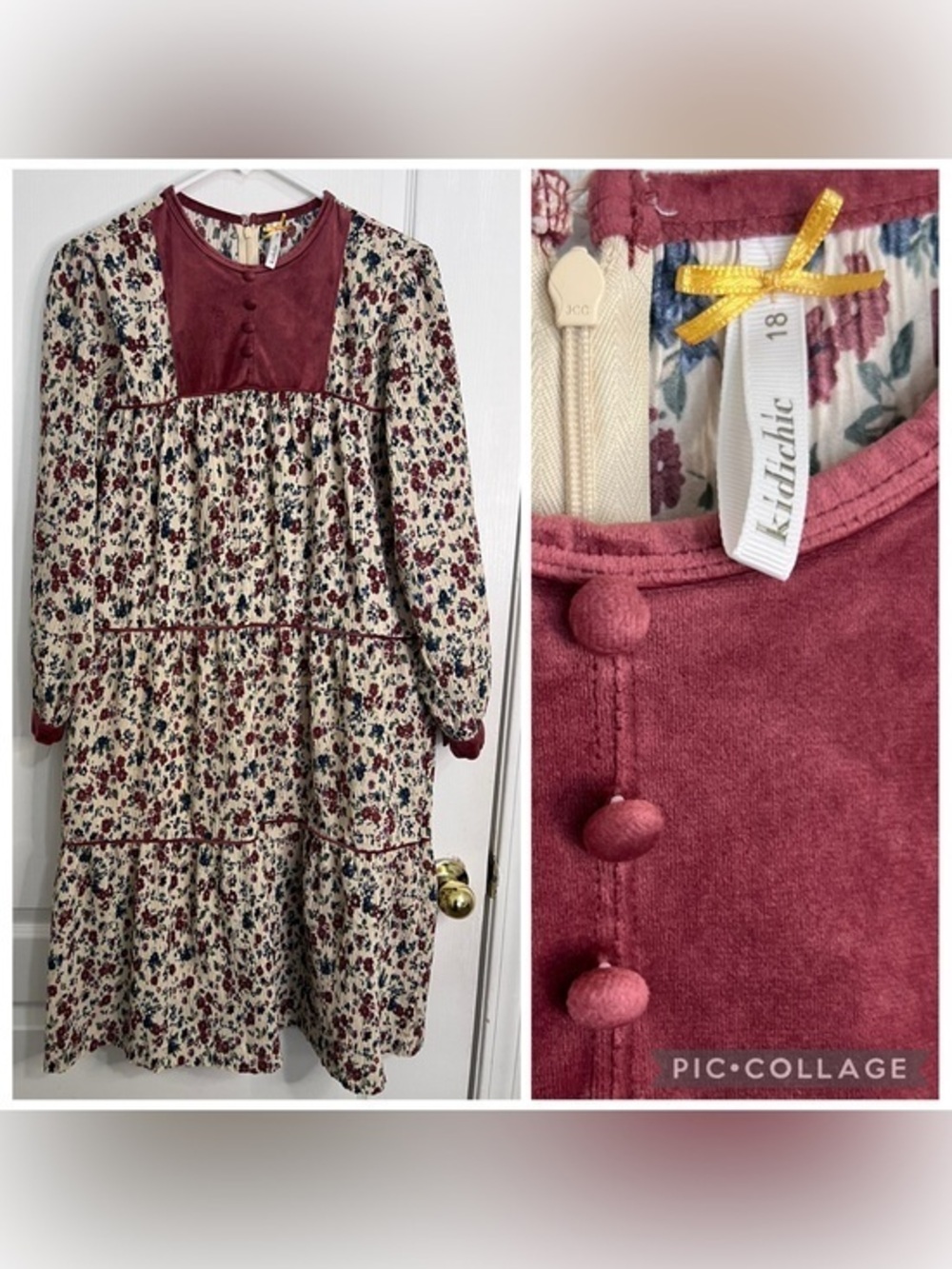 Kidichic Floral Tiered with Maroon Velvet Yoke dress size 18